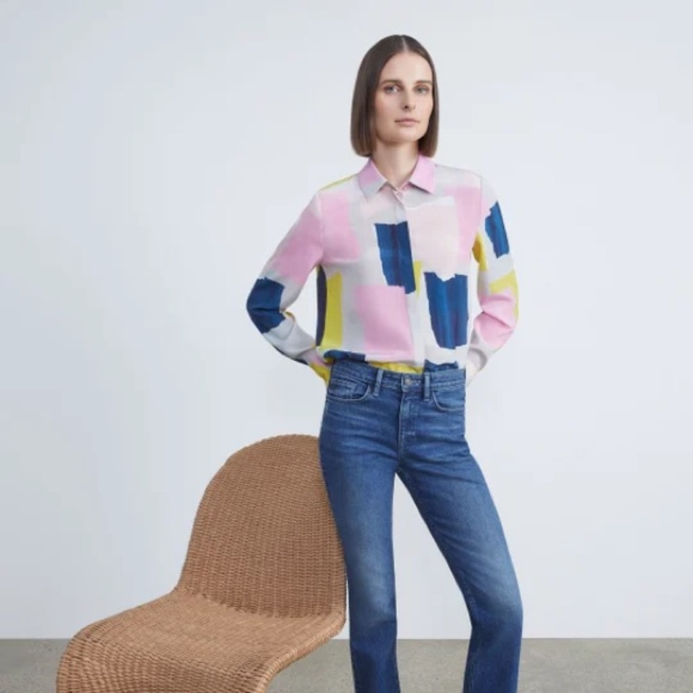 LAFAYETTE 148 NEW YORK PAPIER PRINT SILK CREPE DE CHINE BUTTON BLOUSE